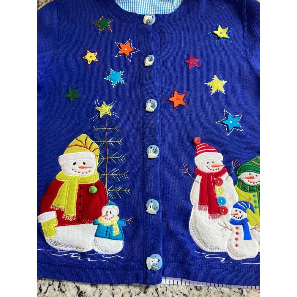 Vintage Onque Casuals Cardigan Small Blue Ugly Christmas Sweater Snowman Stars - Picture 9 of 10